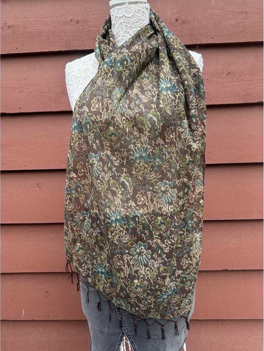 Vintage Inspired Floral Pattern Brown Scarf with Tassels
